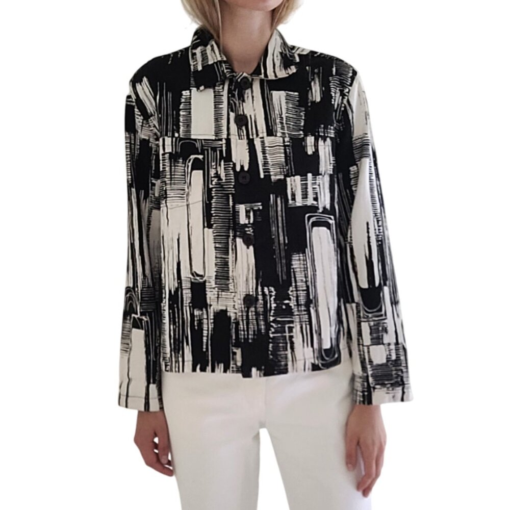 Abstract Black & White Print Button-Up Cotton Canvas Shirt/Jacket women's small